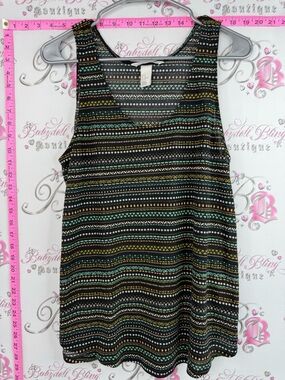 H&M shirt Aztec print Black Striped Tank Top with Green and Mustard Accents